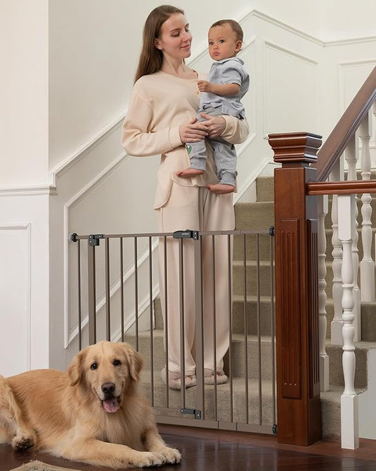 InnoTruth 29.5–40.75" Baby Gate for Stairs, 30" Tall Dog Gates for Doorways & Hallways, Safety Gate for Kids & Pets, Pressure-Mounted Walk-Through with Dual Lock & 2-Way Swing, Brown