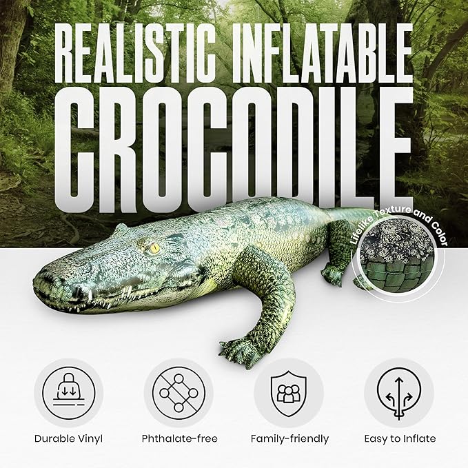 Jet Creations Alligator Inflatable 49"L (76" Head to Tail), Green with Armor Imprint, Realistic Wild Animal Toy – Sports Mascot, Pool & Garden Decor, Fall & Halloween, Photo Prop, Bird Deterrent, 1 PC