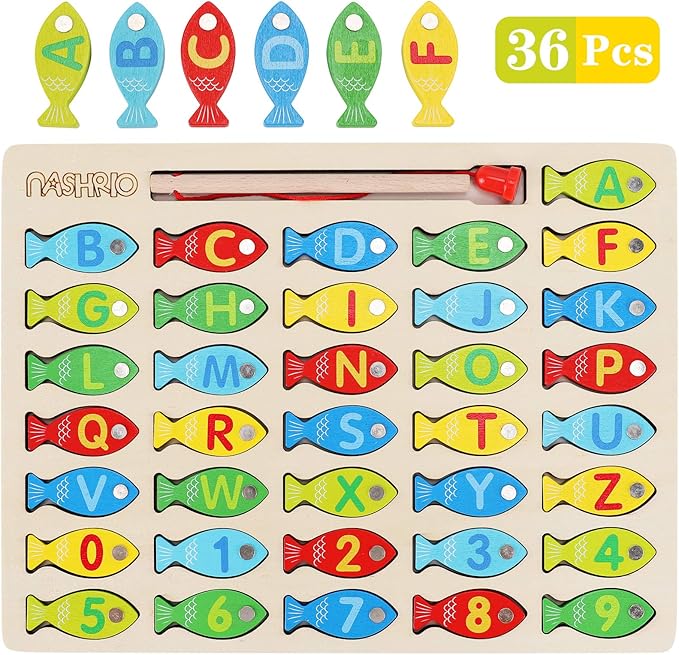 Magnetic Wooden Fishing Game Toy for Toddlers, Alphabet Fish Catching Counting Games Puzzle with Numbers and Letters, Preschool Learning ABC Math Educational Toys 3 4 5 Years Old Girl Boy Kids
