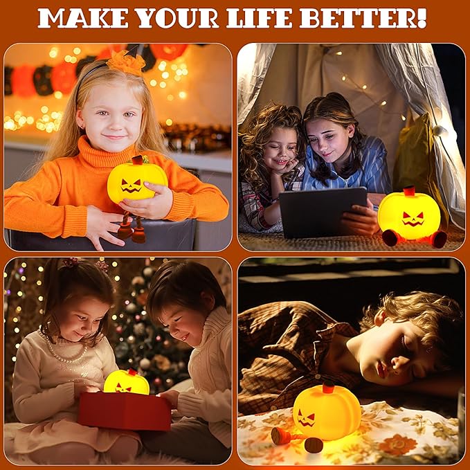 Pumpkin Night Light, Cute LED Pumpkin Lamp with 3 Level Dimmable, Nursery Nightlight for Kids, Silicone Rechargeable Bedside Touch Lamp, Funny Office Desk and Halloween Decor Toy for Woman and Kids