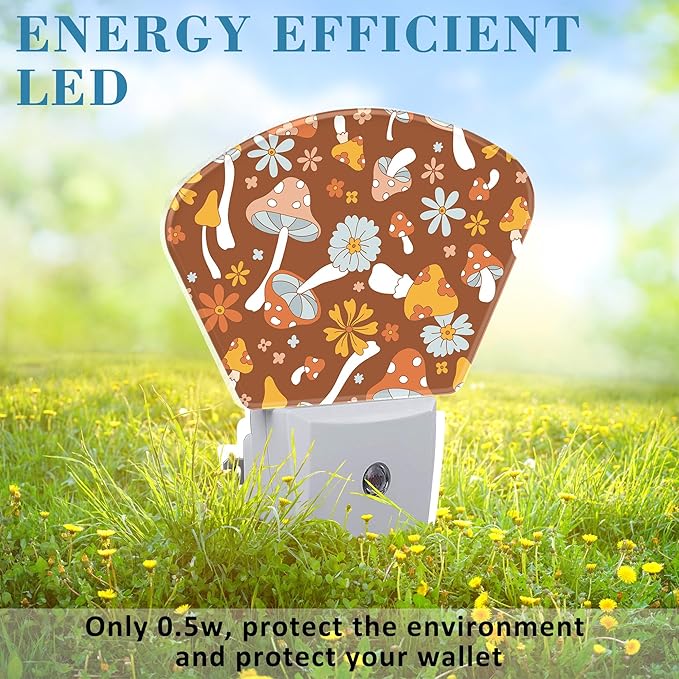 Vintage Mushrooms Night Light Plug into Wall, Boho Flowers Night Light with Dusk to Dawn Sensor for Kid Girls Boys Women Men Bedroom, Hallway, Kitchen, Bathroom, Stairs Decor