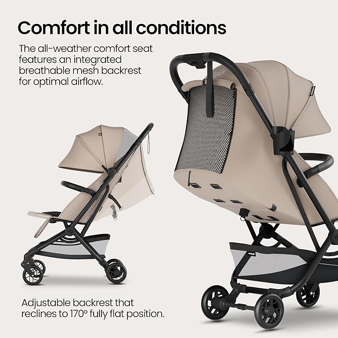 Mompush Velo Lightweight Travel Stroller, Compact & Airplane-Friendly for Baby and Toddler, Lie-Flat Seat, One-Hand Fold, with Leather Bumper Bar, Shoulder Strap, Raincover, Storage Bag & Cup Holder