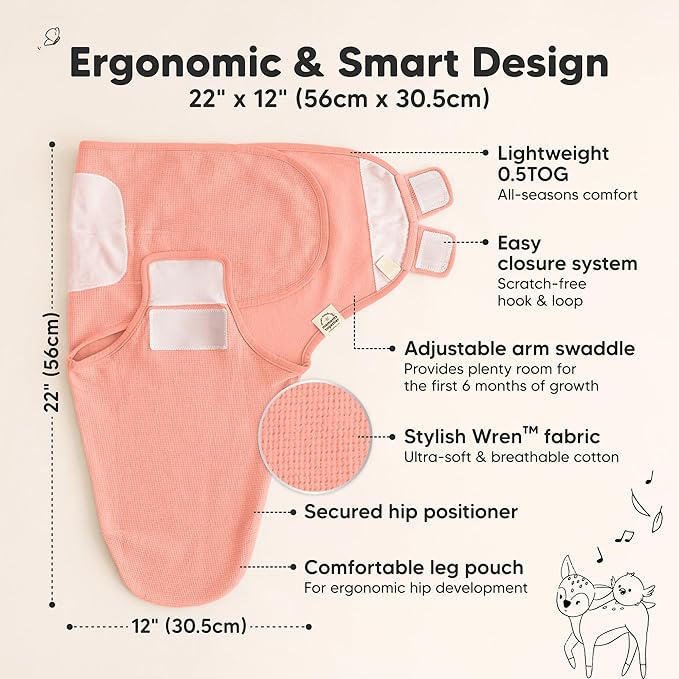 3-Pack Organic Swaddles for Newborns, Baby Sleep Sacks 0-3 Months - Baby Swaddle Wrap, Newborn Wearable Blanket, Infant Sleep Sack for Girls, Boys, Soft & Snug, Large Hook & Loop Closure (Salmon)