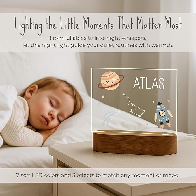 Personalized Space Baby Night Light for Kids | Custom Name Space Nursery Decor | Cute 7-Color Plug-in LED Rectangular Nightlight | Custom Baby Shower Gifts for Newborns, Toddlers, Girls, Boys 2-10