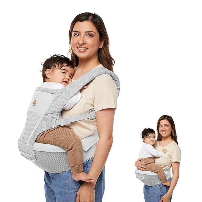 Ergobaby Alta 2-in1 Hip Seat and Carrier - All-Position Breathable Mesh Baby Carrier for 4-48 Months (12lbs - 45lbs) - Breathable Baby Carriers for Summer - SoftFlex™ Mesh - Pearl Grey