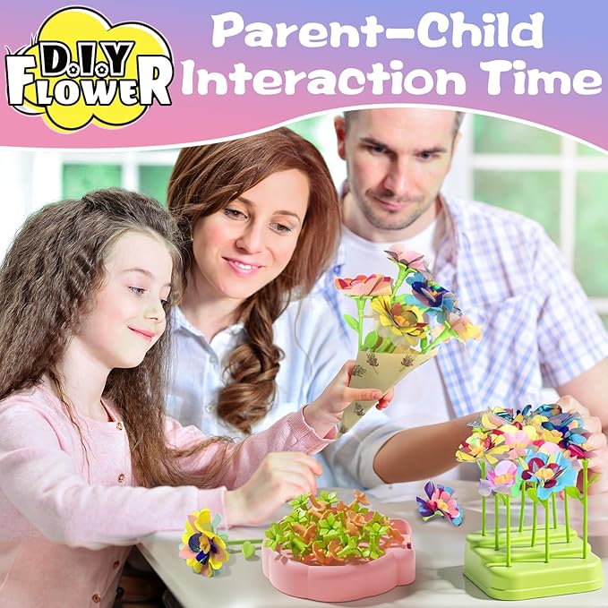 Mini Fabric Flower Press Sewing Machine Toy Kit for Kids Beginners, DIY Paper Bouquets Manual Sewing Kit, Creative Arts & Crafts Making Toy Gift for 4-8 Year Old Girls Boys