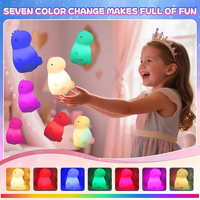 Night Light for Kids, Rechargeable Dimmable Silicone LED Nightlight with 7 Colors, Baby Nursery Night Lamp, Touch Squishy Lamp, Cute Gifts for Girls, Boys, Toddler Room Decor, Dinosaur