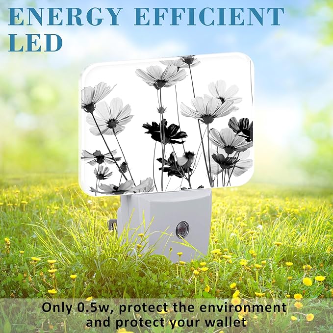 Black and White Daisy Plug in Night Lights, Daisy Flowers Nightlight Plug Into Wall Dusk to Dawn Sensor for Kid Girls Boys Women Men Room, Hallway, Kitchen, Bathroom, Stairs Decor