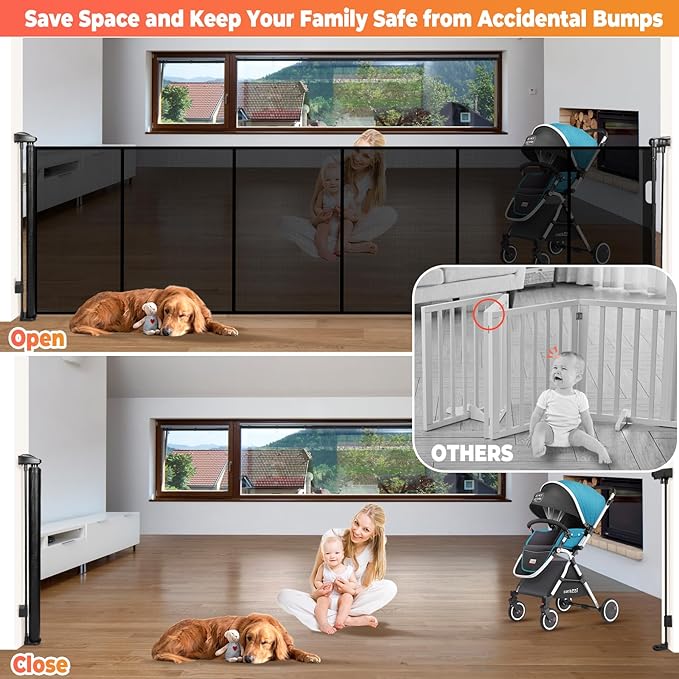 120" Extra Wide Retractable Baby Gates Dog Gate, Long Mesh Gate Pet Gate for Large Opening, 34" Extra Tall Child Safety Gate with Reinforced Strips for Stairs Hallways Doorways Deck Indoor Outdoor
