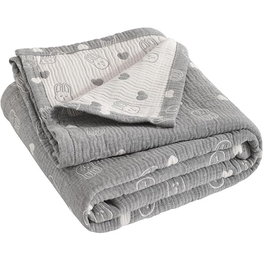 NTBAY 3 Layer Muslin Cotton Toddler Blanket, Jacquard Reversible Nursery Bed Blanket, Super Soft and Thermal for All Seasons, Decoration Gift, 30"x40", Dark Grey Rabblt