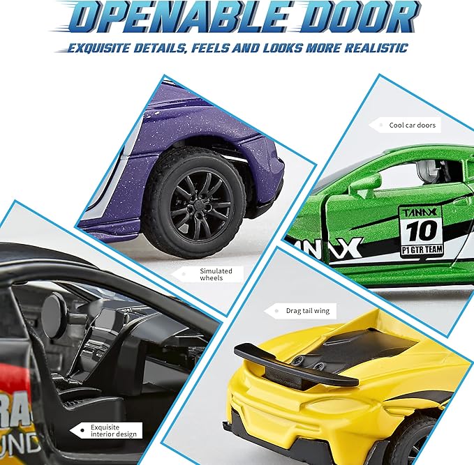 KIDAMI Pull Back Cars for Kids, Mini Vehicles with Door Openable, Die Cast Metal Toy Cars Pack Playset for Boys Girls Toddlers
