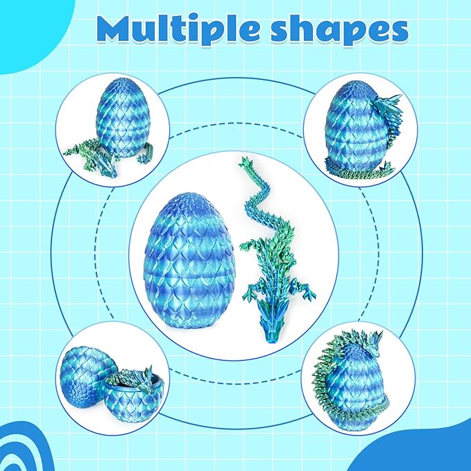 Large Dragon Eggs with Dragon Inside, 3D Printed Surprise Funny Gifts for Kids, Articulated Dragon Fidget Toys for Adults, Executive Desk Toys Office Room Décor (Sky Blue Ombre)