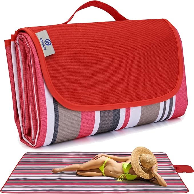 Beach Blanket Picnic Mat Sandproof Waterproof Extra Large Outdoor Camping Blanket Foldable Portable Picnic Mat for Travel Hiking Music Festival Park Lawn Grass Red Lines