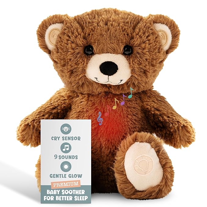 Gemma Joy Baby Sleep Soother Brown Bear for Baby – Cry Activated Heartbeat Stuffed Animal – Rechargeable Crib Soother with White Noise, Shush, Lullabies & Night Light – Newborn Essentials Must Haves