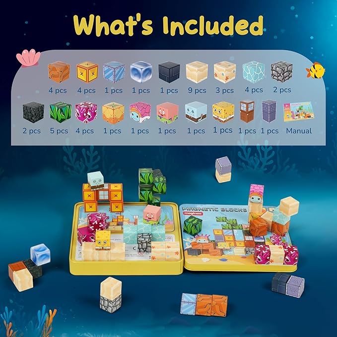 49PCS Mini Magnetic Blocks Ocean Theme – Sea Life STEM Building Cubes, Educational Magnet Toy with Iron Box, Creative & Safe Travel Gift for Kids Ages 3–8, Boys & Girls