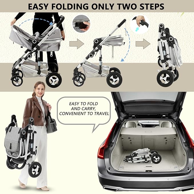 Kinder King 2 in 1 Convertible Baby Stroller, Folding High Landscape Infant Carriage, Newborn Reversible Pram, Adjustable Canopy, Diaper Bag, Anti-Shock Toddler Pushchair Stroller, Light Grey