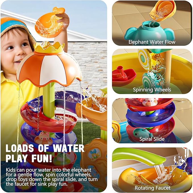 Water Table for Toddlers 1-3, 4-in-1 Outdoor Sand and Water Play Tables with Pump, Summer Kitchen Sink Toy with Fishing Game, Floating Boat, Sensory Gifts for Kids Ages 3-8