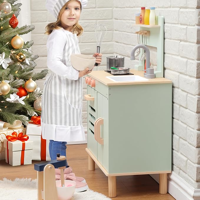 Wooden Play Kitchen Set, Mint Green Stove & Sink with 5 Stainless Steel Tools, Click Knobs, Storage Cabinets, Montessori Toy for Toddlers 3+