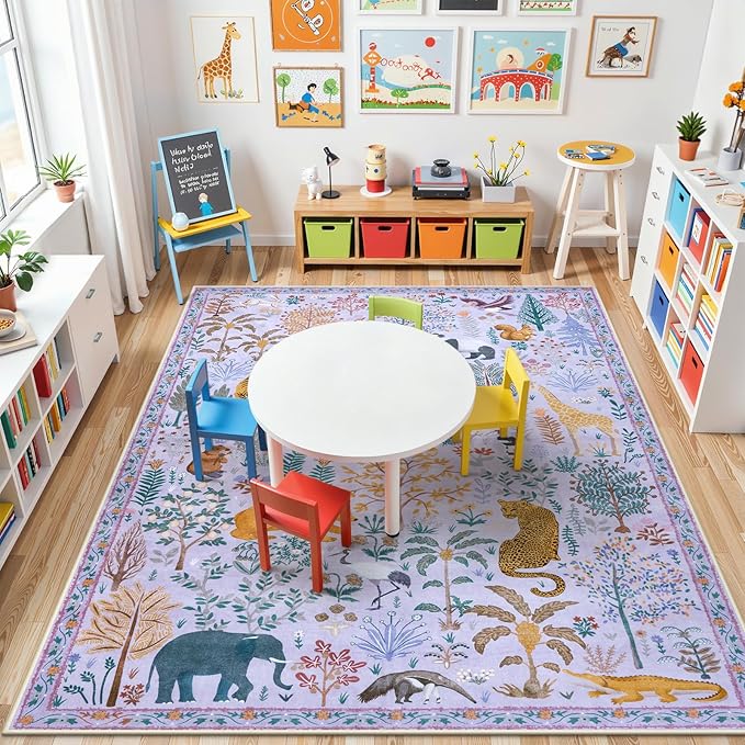 OJIA Animal Kids Room Rugs Washable Area Rug 8x10 Nursery Rug, Boho Rugs for Living Room Playroom 8 x 10 Bedroom Carpet, Non-Slip Ultra-Thin Indoor Large Floor Carpet for Dining Room Farmhouse