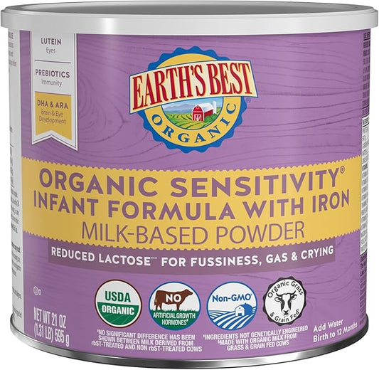 Earth's Best Organic Sensitivity Infant Formula, Babies 0-12 Months, Reduced Lactose, Iron, Omega-3 DHA, Omega-6 ARA, Organic Baby Formula, 21 Ounce Container