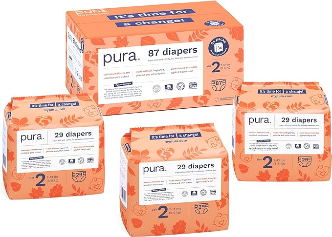 Pura Hypoallergenic Diapers, Size 2 (7-13 lbs) Totally Chlorine Free, Wetness Indicator, Suitable for Sensitive Skin, Soft Organic Cotton, Overnight, 3 Packs of 29 (87 Baby Diapers)