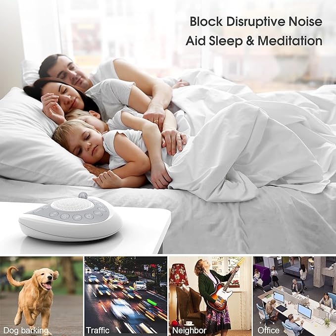 White Noise Machine, Portable Sleep Sound Machine with 24 Soothing Sounds, Timer & Memory Function, Headphone Jack, USB Charging, Powered by AC or Battery for Baby, Kids, Adults, Travel