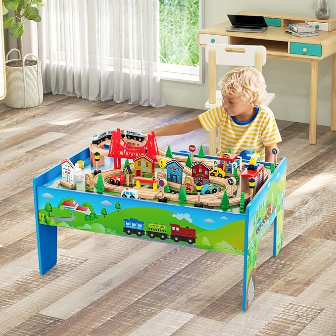 GLACER 80-Piece Train Table, Large Multipurpose Wooden Toy Activity Table Playset with Reversible Detachable Tabletop, Railway Tracks, Trains, Cars, DIY Design, Gift for Boys Girls Age 3+, Multi-Color