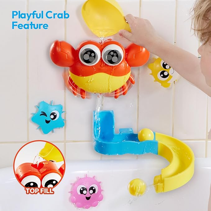Bath Toys for Kids, 7-in-1 Shower Bathtub Toy with Crab, Whale, Rotating Fish & Slide Track, Interactive Water Play Set with Pour & Spray Fun for Toddlers, Boys & Girls Gifts for Christmas
