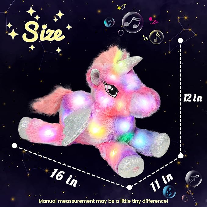 Hopearl Colorful LED Musical Stuffed Unicorn Lighting Up Singing Plush Toy Adjustable Volume Lullaby Animated Soothe Birthday Festival for Kids Toddler Girls, Rainbow, 16''