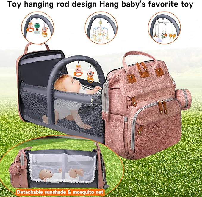 Baby Diaper Bags with Changing Station, Large Capacity Diaper Bag Backpack for Moms Dads with USB Charging Port,Travel Baby Bag with Pacifier Case & Stroller Straps(Up-Pink)