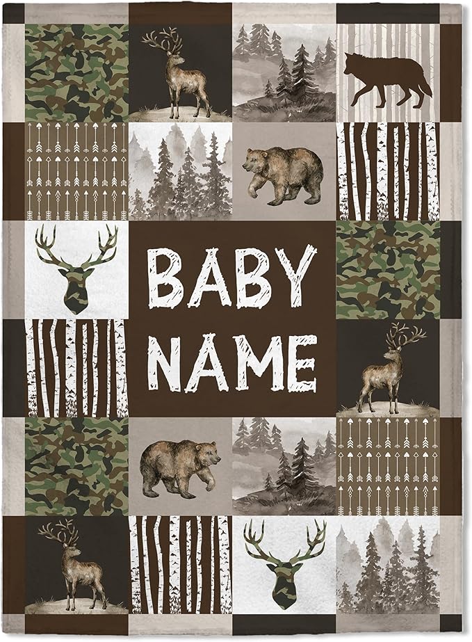 Personalized Baby Blankets, Custom Baby Blanket - Baby Blanket with Name for Boys, Best Gift for Baby, Newborn Elephants Flush Fleece (30x40) (Woodland 2)