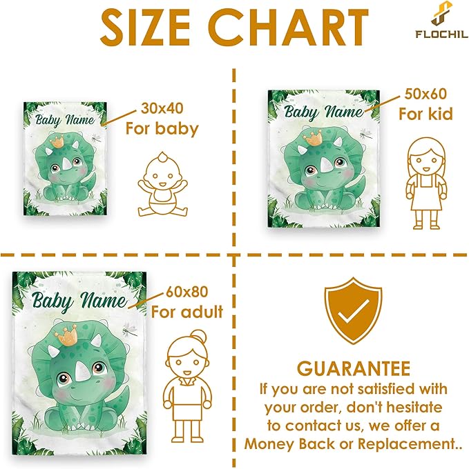 FLOCHIL Personalized Baby Blankets, Custom Baby Blanket - Baby Blanket with Name for Boys, Best Gift for Baby, Newborn Elephants Flush Fleece (30x40) (Dinosaur 3)
