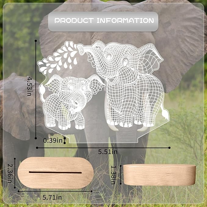 Elephant Shape 3D Crystal Acrylic Light Base with Wood Stand, LED Light for Kids Room Decor, Gift for Mom on Birthday or Holiday, Home Décor Art Display