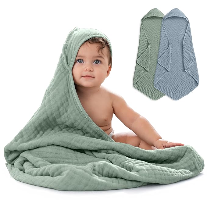 Comfy Cubs Hooded Baby Towel 2-Pack, Large 32 x 32 Inch - 6 Layer 100% Muslin Cotton for Babies, Toddlers, Kids - Soft & Absorbent Baby Bath Towels - Unisex Design for Bath Time, Pacific Blue and Fern