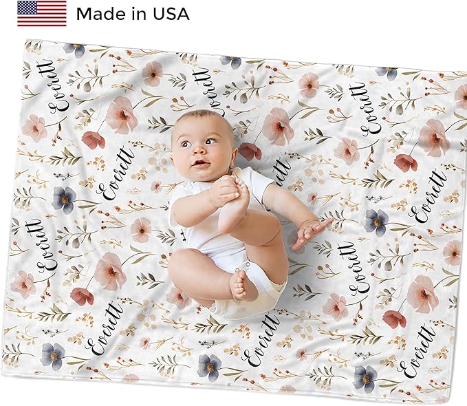 Custom Baby Blankets for Boys, Customized Baby Boy Gifts with Name, Personalized Baby Blankets, Soft Plush Fleece (Wildflower TM14)