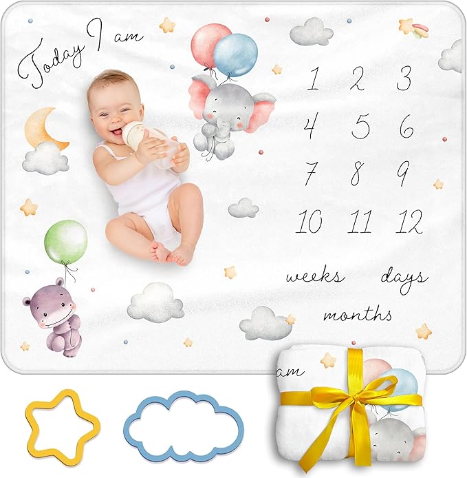 Baby Milestone Blanket, 40x50in Soft Flannel, Custom Cloud & Star Design with Baby Animals, Includes Yellow Star & Blue Cloud Milestone Markers, Perfect, White & Pastel Colors