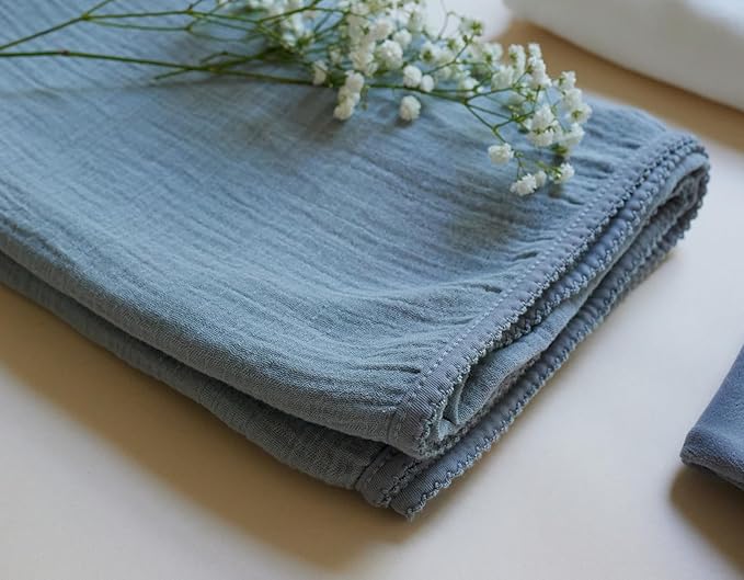 Ely's & Co. Cotton Muslin Swaddle Blanket with Scallop Trim, 1-Pack for Baby Boy - 100% Cotton Muslin Extra-Large Swaddle Blankets (47” x 47”) Blue with Scallop