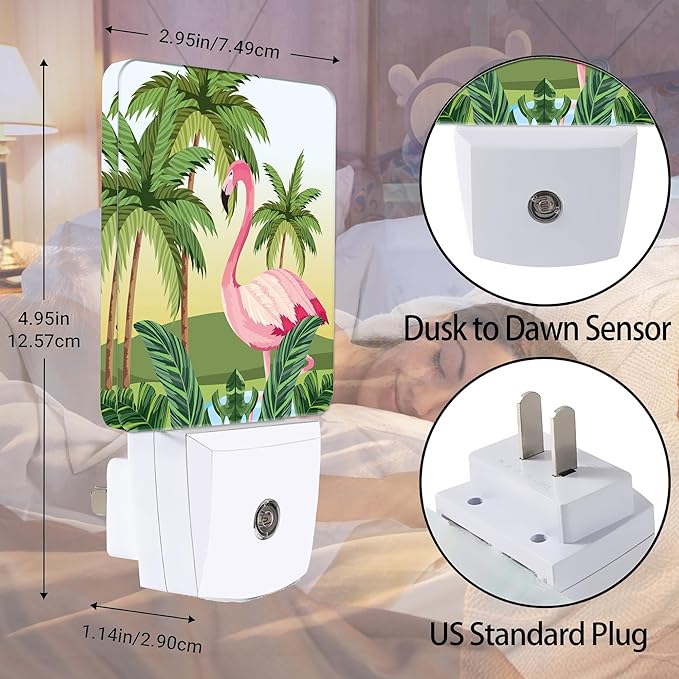 Tropical Flamingo Cartoon Night Light, Dusk to Dawn Smart Sensor Nightlight for Bedroom Bathroom Kitchen Hallway Stairs Hallway, Plug-in, Energy Efficient Decor Desk Lamp Gifts