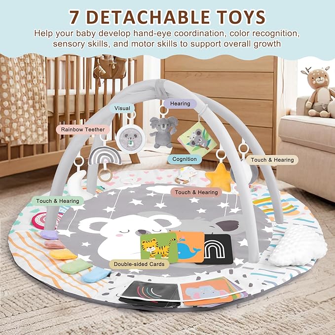 Baby Play Gym & Activity Mat, Tummy Time Mat with Tummy Time Pillow 7 Detachable Sensory Toys and Educational Cards for Motor Skills & Sensory Development, Baby Essentials Shower Gift, Grey Koala