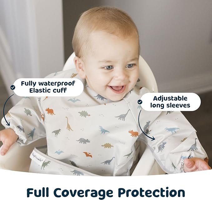 Tiny Twinkle Long Sleeve Bib for Babies & Toddlers – Waterproof Smock Bib for Eating – Machine Washable & Mess-Proof, Baby Feeding Essential & Shower Must-Have(Dinosaur, 2-4Y)