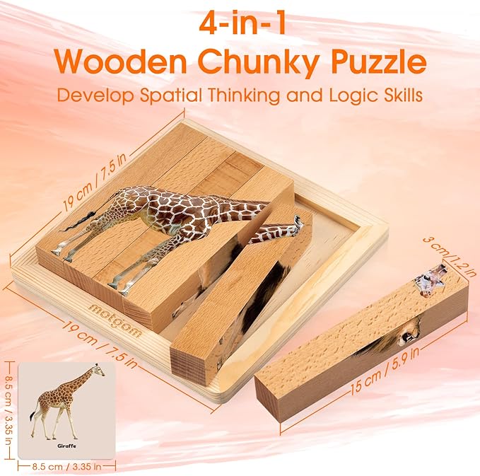 Niceuare Montessori Toys 4 in 1 Animal Wooden Toys for Kids,Wooden Animal Chunky Puzzles for Toddlers 2 Years Old+