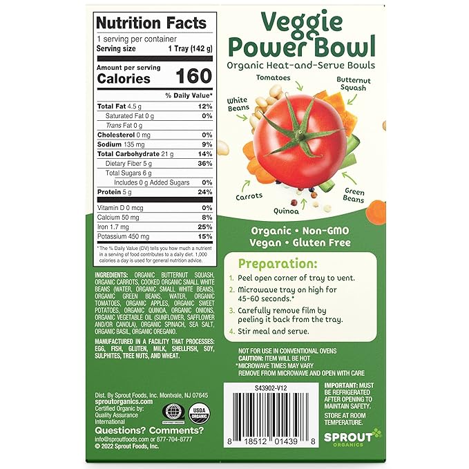 Sprout Organic Baby Food, Toddler Meals, Mediterranean Veggie Power Bowl with Beans & Quinoa, 5 Oz Bowl (8 Count)