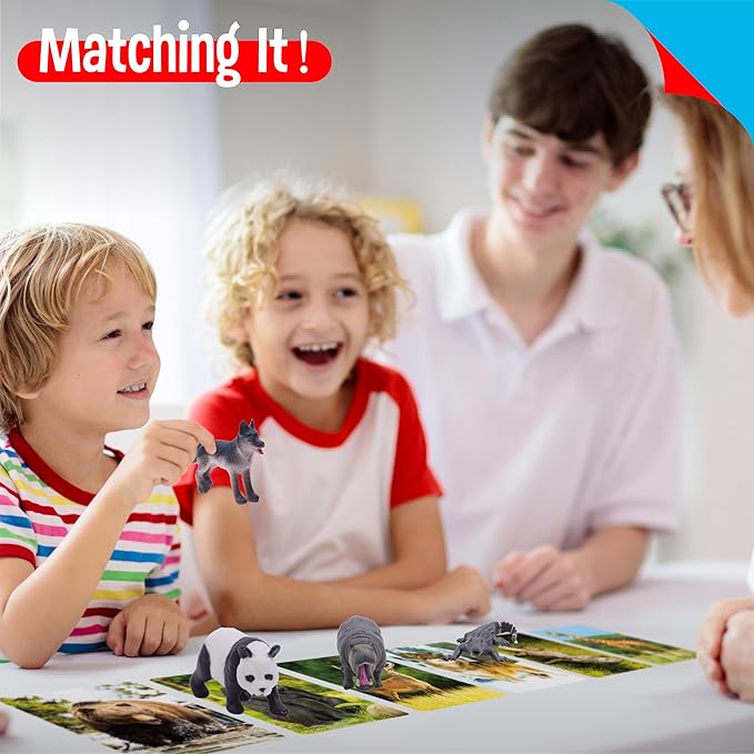 15 PCS Safari Animal Figurines with 15 Introducing Flashcards, Realistic Zoo Animal Figures Montessori Toys Science Educational Matching Game for Homeschool Preschool Toddler Kids