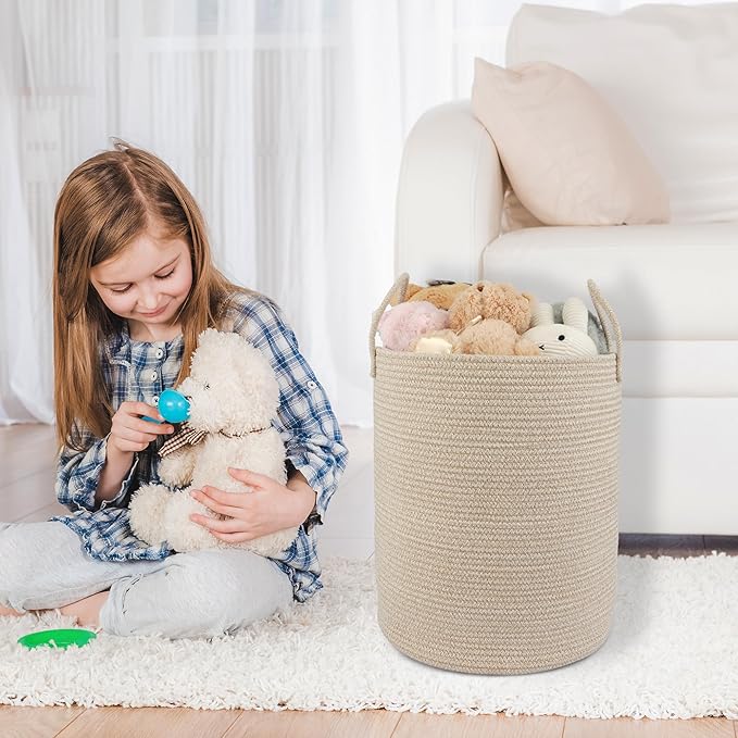 Cotton Rope Laundry Basket Hamper for Clothes Woven Storage Basket for Living Room Bedroom Boho Tall Rope Baskets for Blanket Toys Pillow Towels Baby Nursery Hamper Bin oatmeal