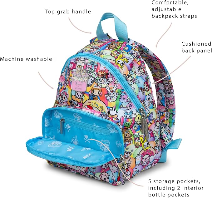 JuJuBe x tokidoki 20th Anniversary Celebration Everyday Mini Small Diaper Backpack, Essentials for Mom, Newborn & Baby, Women’s Purse, Baby Bottle Pockets, Adjustable Padded Straps, Machine Washable