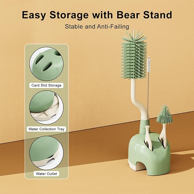 Silicone Bottle Brush Set with Stand, 360° Rotating Bottle Cleaning Brush Cleaner Set, Long Handle 3 in 1 Multipurpose Silicone Baby Bottle Straw Cleaner Brush (Green)