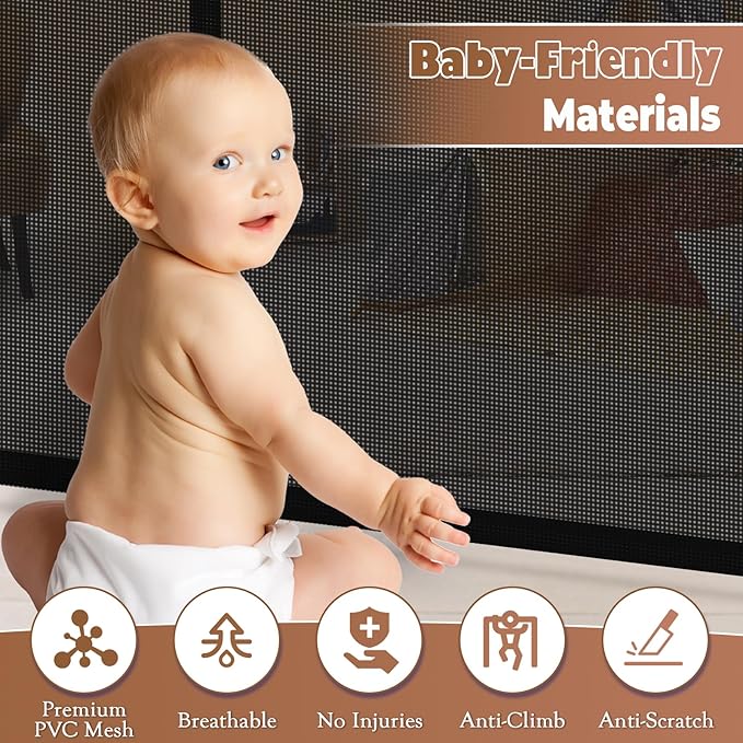 236" Retractable Baby Gate Extra Wide, 41" Tall Retractable Dog Gate for Stairs, Doorways, Decks, Mesh Gate Long Child Gate Pet Gate for Indoor, Outdoor, with Reinforced Mesh Rods, Dual Locks