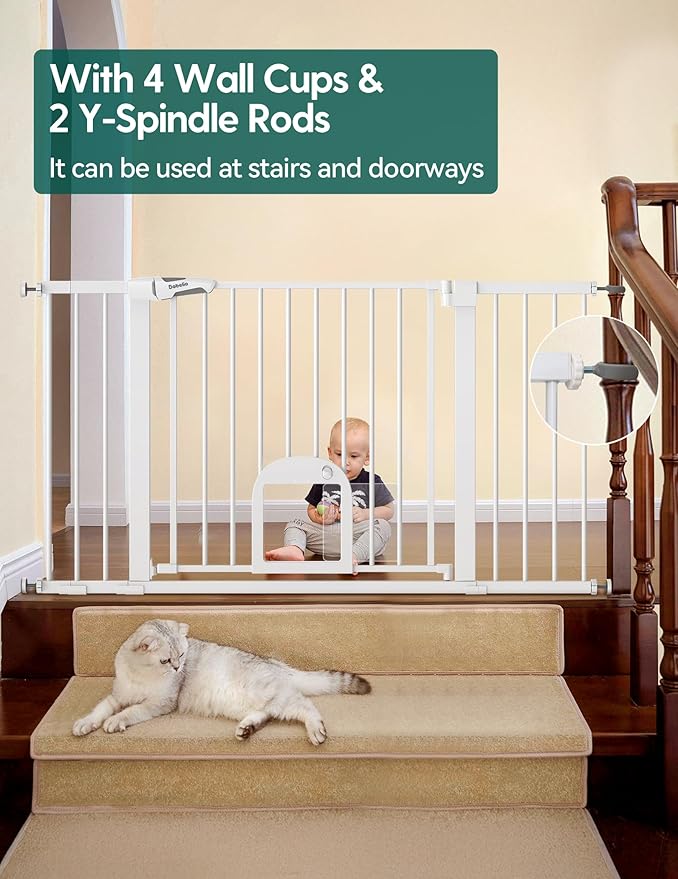Babelio 36.5-57" Extra Wide Baby Gate with Cat Door,Auto Close&Two Way Swing,Pressure Mounted Dog Gates for Stairs,Doorways,Includes 4 Wall Cups and 3 Extension Pieces,White