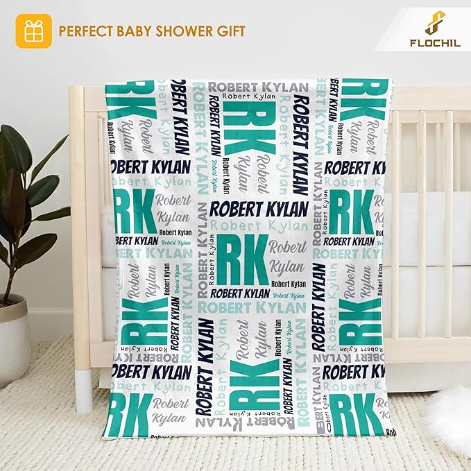FLOCHIL Personalized Baby Blankets, Custom Baby Blanket - Baby Blanket with Name for Boys, Best Gift for Baby, Newborn Elephants Flush Fleece (30x40) (Monogram 3)