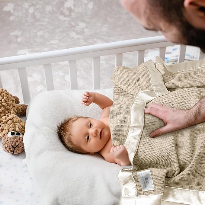 lulumoon Swaddle Baby Blanket: Waffle Blanket with Satin Trim - Soft Breathable Toddler Blankets Perfect for Nursing Cover and Playtime - Cotton Crib Quilt for Daytime Naps 40"x36"(Oat)